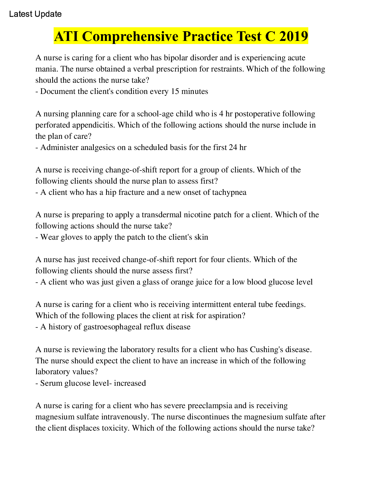 Preview image for ATI Comprehensive Practice 2019 C, Questions & Answers, Updated